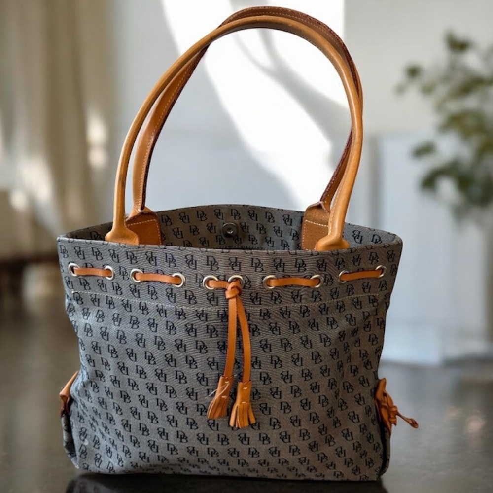 Vintage Dooney & Bourke Canvas Monogram Leather Handle Tote Bag